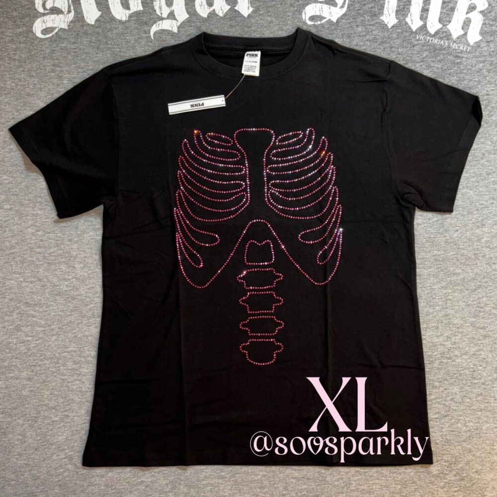 VS PINK Carmine Rose Bling Halloween Skeleton Campus Short Sleeve T-Shirt - XL